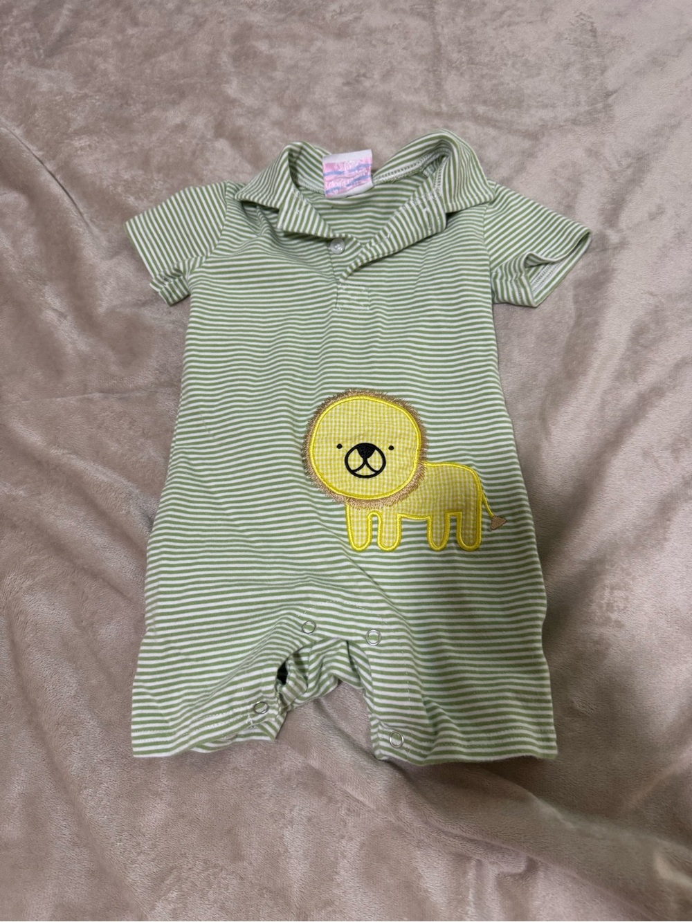 Green Striped Baby One-Piece with Yellow Lion Appliqué